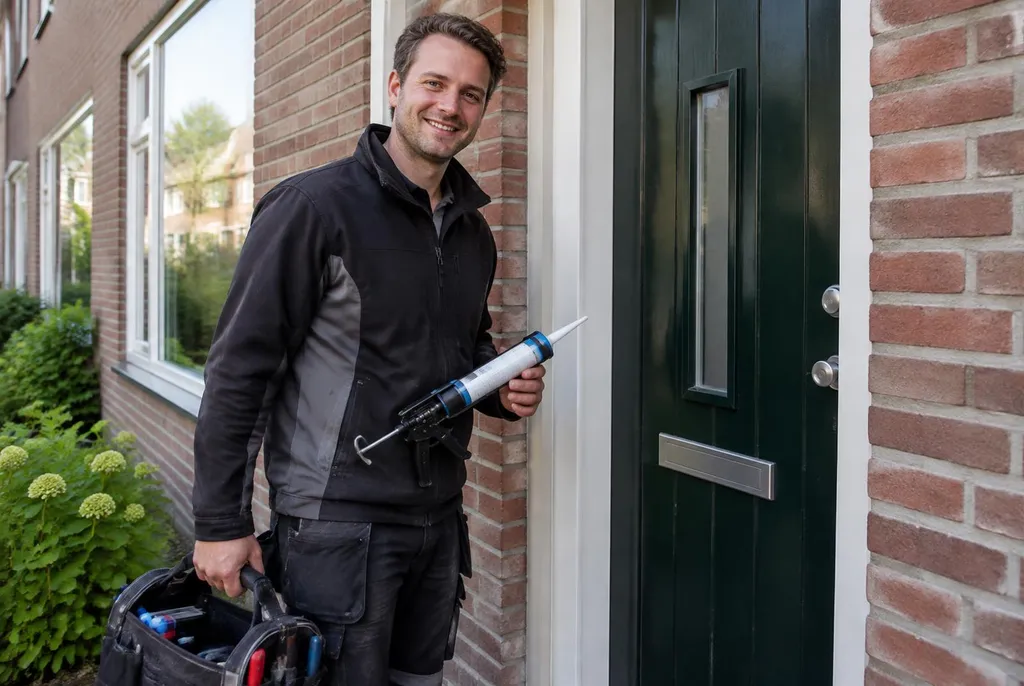 Vakman van Kitbedrijf Sassenheim bij de voordeur van een woning